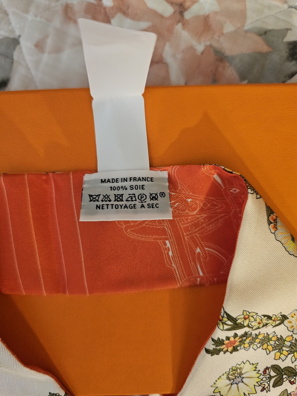 Hermes Orange and Red Silk Scarf with Floral Accent. 34" - Picture 2 of 5